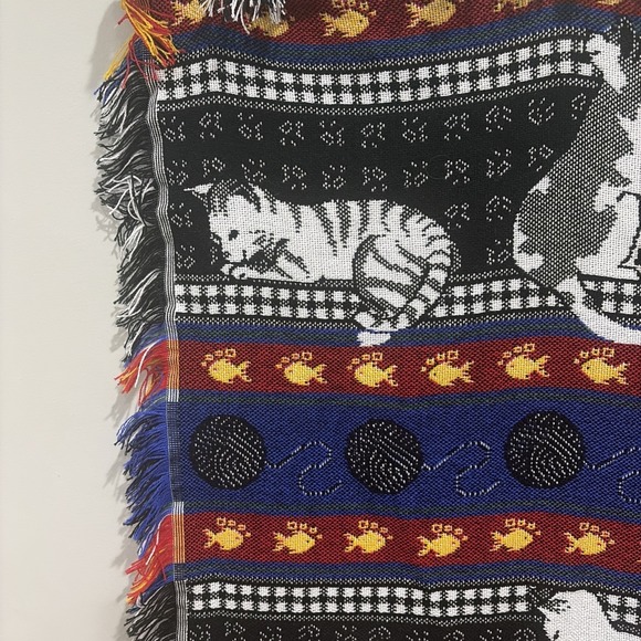 Vintage San Marcos Fringe Cat And Fish Blanket 46"x57" New - Picture 2 of 7